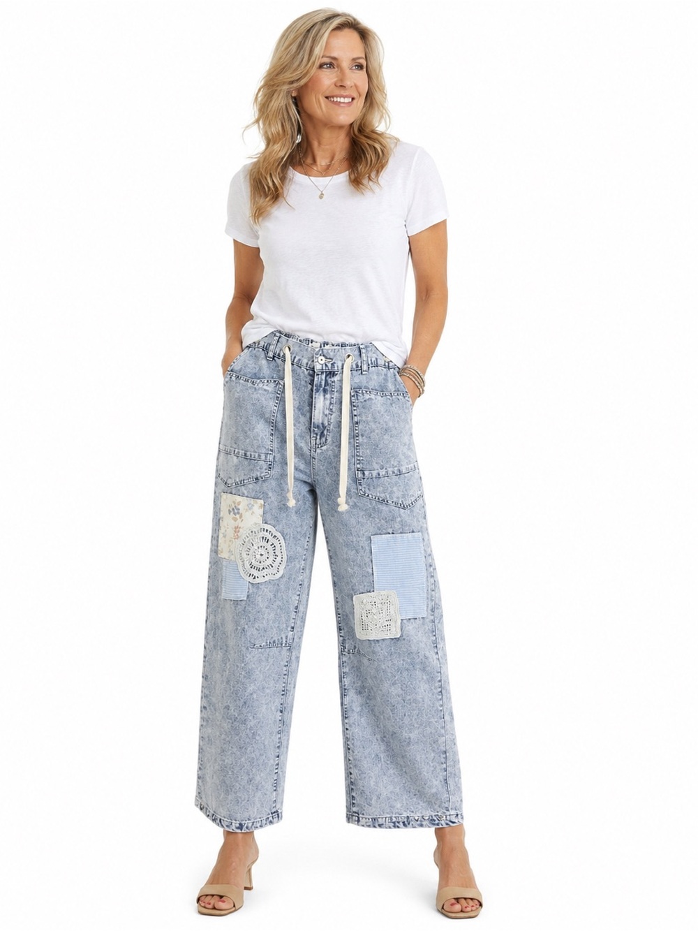 POL Acid-Wash Patchwork Wide-Leg Cropped Jeans in Light Blue